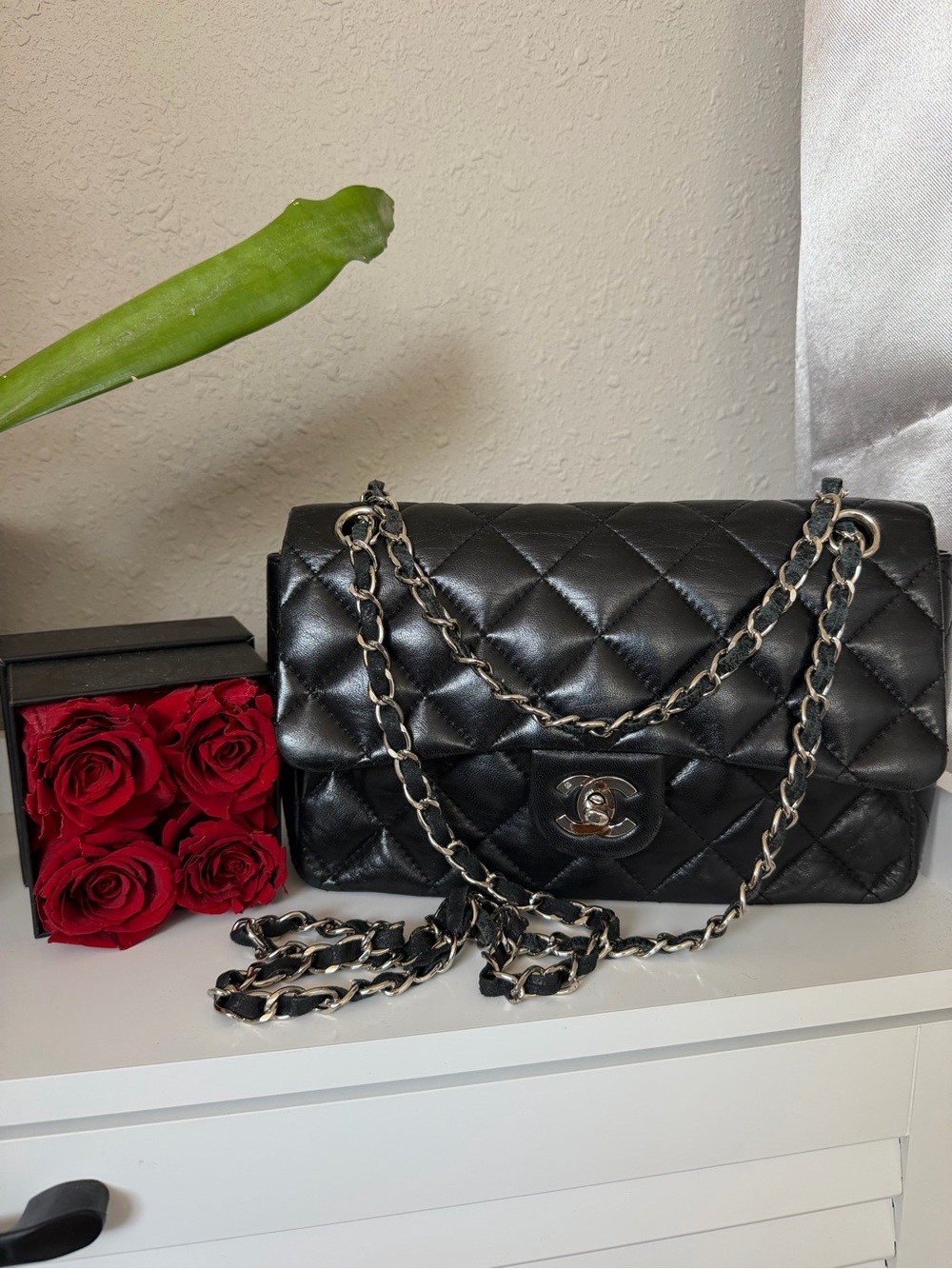 GWP CHANEl Black Quilted Lambskin Shoulder Bag with Silver Hardware